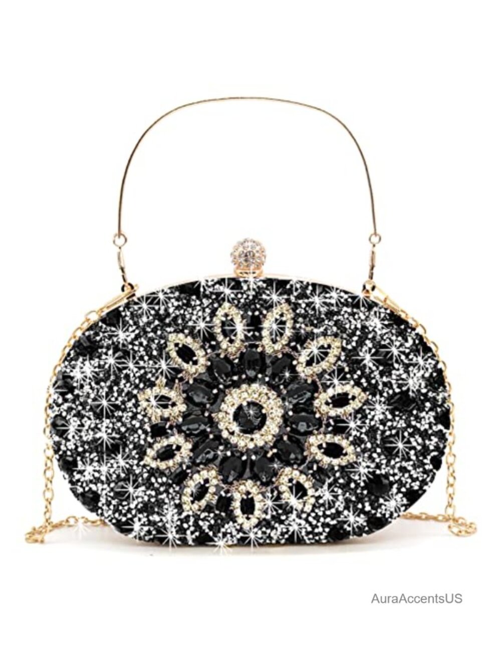 Rhinestone Evening Clutch with Crystal Ball Clasp & Chain Strap